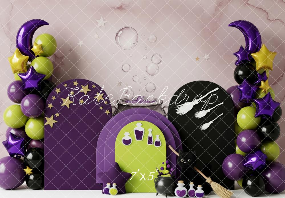 Kate Halloween Cake Smash Witch Balloons Stars Broom Potions Backdrop Designed by Patty Roberts