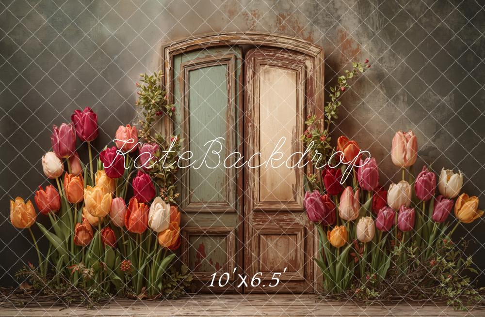 Kate Spring Fine Art Vintage Door Tulips Printed Backdrop Designed by Emetselch