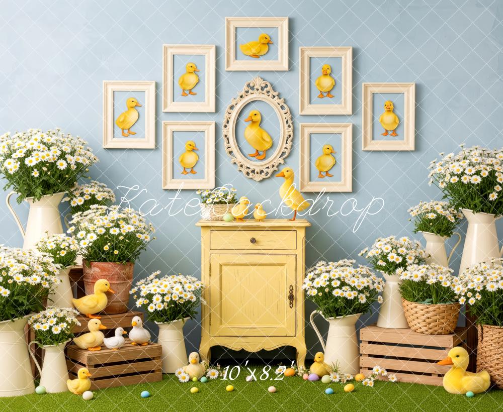 Kate Easter Ducklings Yellow Cabinet Daisies Crates Backdrop Designed by Patty Roberts