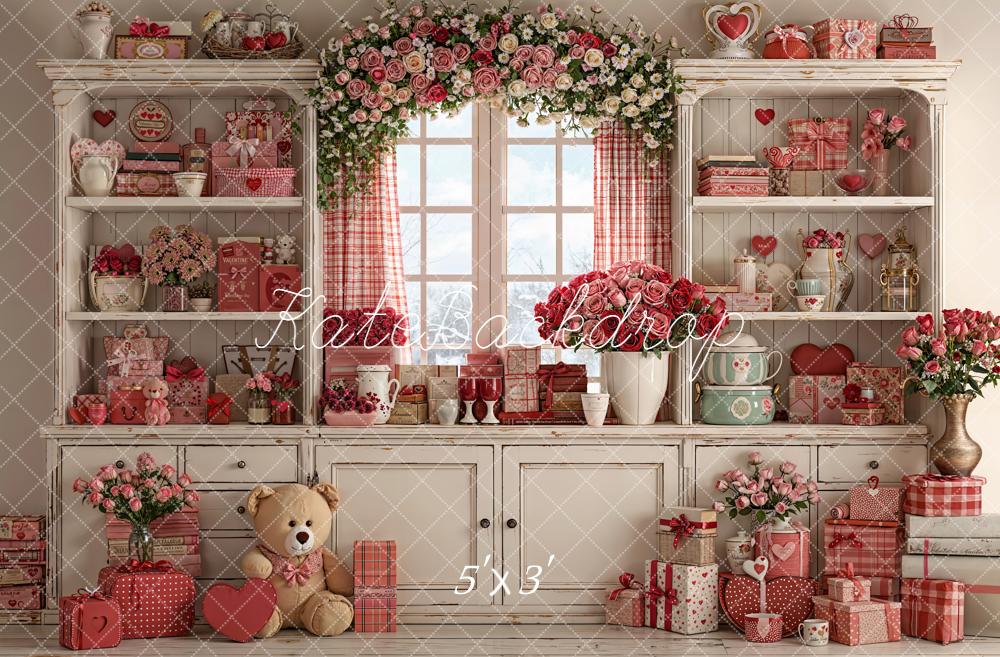Kate Valentine's Day White Shelf Red Gift Flowers Window Backdrop Designed by Emetselch