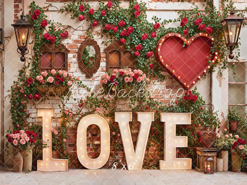 Kate Valentines Love Marquee Letters Heart Roses Vintage Brick Wall Backdrop Designed by Emetselch