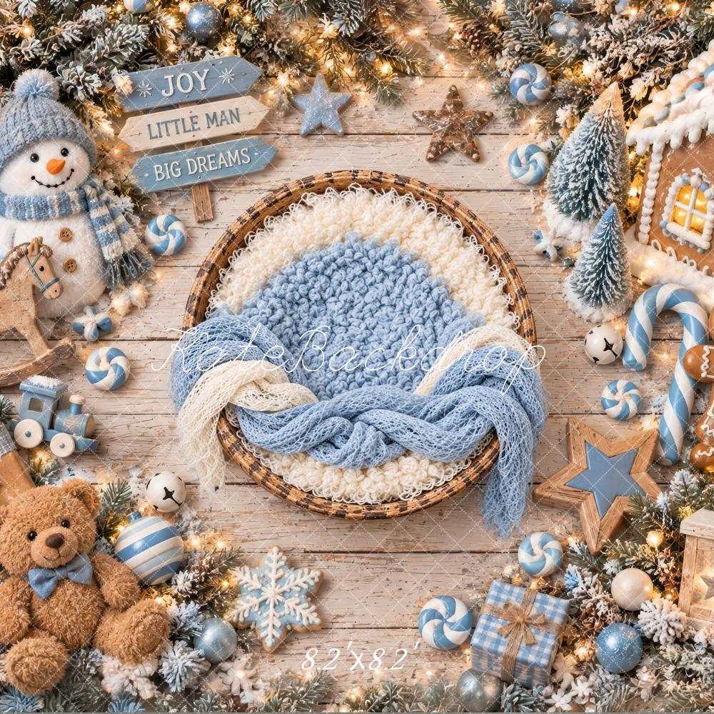 Kate Christmas Newborn Pastel Blue Baby Basket Snowman Printed Backdrop Designed by Laura Bybee