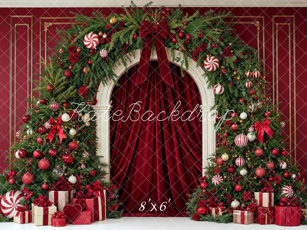 Kate Christmas Red Drapes Evergreen Arch Gifts Printed Backdrop Designed by Mini MakeBelieve