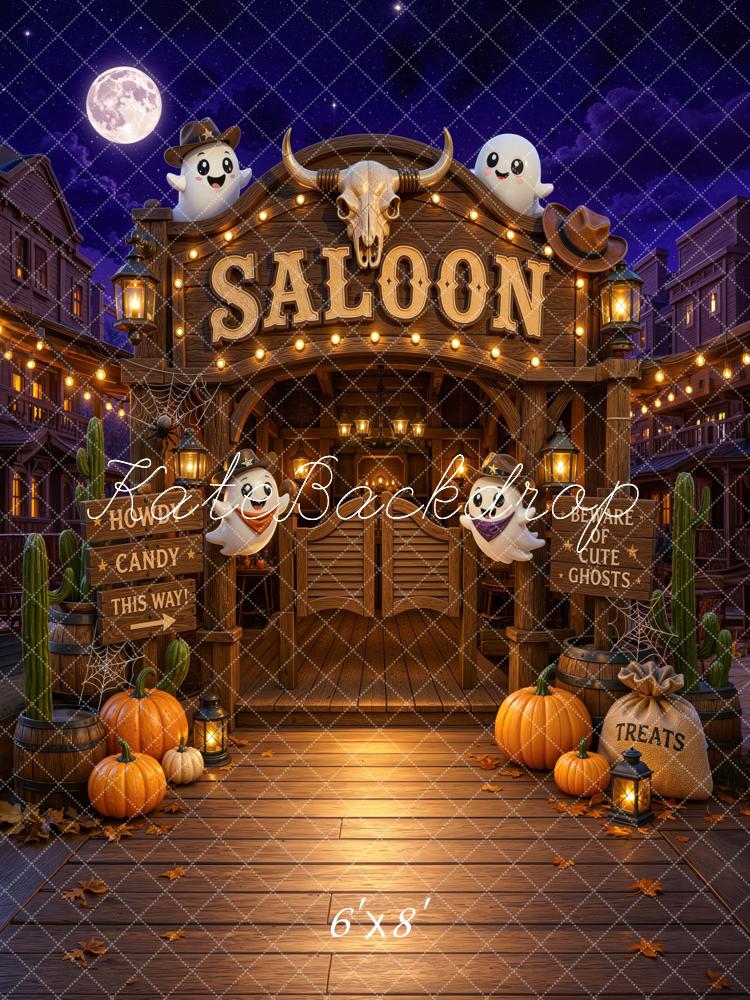 Kate Halloween Trunk or Treat Western Saloon Ghosts Pumpkins Skull Printed Backdrop Designed by Mini MakeBelieve