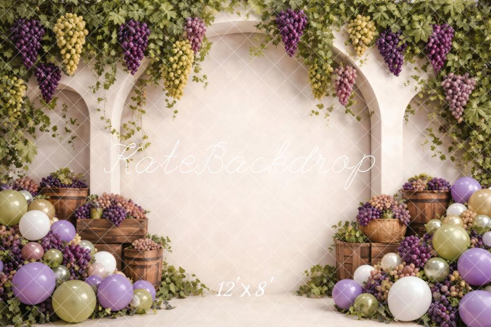 Kate Birthday Grape Vineyard Arch Balloons Crates Balloons Printed Backdrop Designed by Vertigo Productions