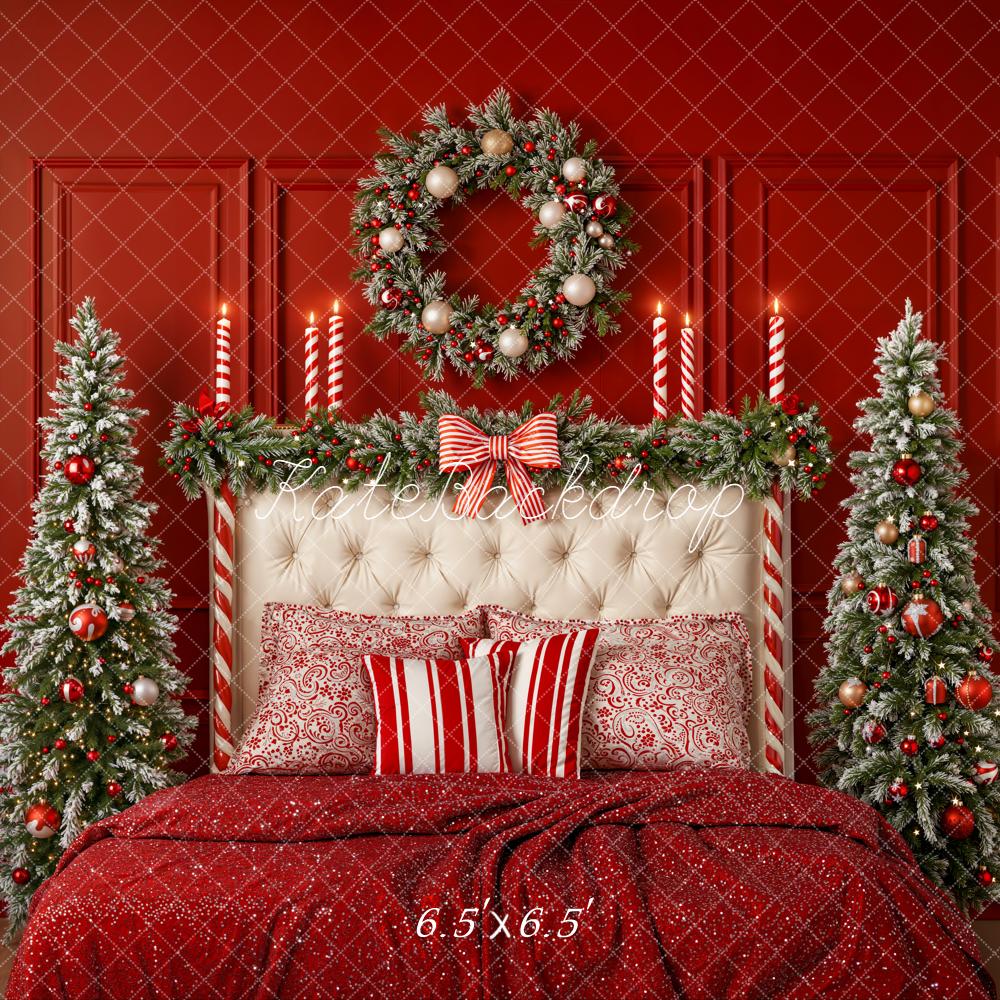 Kate Christmas Headboard Wreath Snowy Trees Red Bow Backdrop Designed by Emetselch