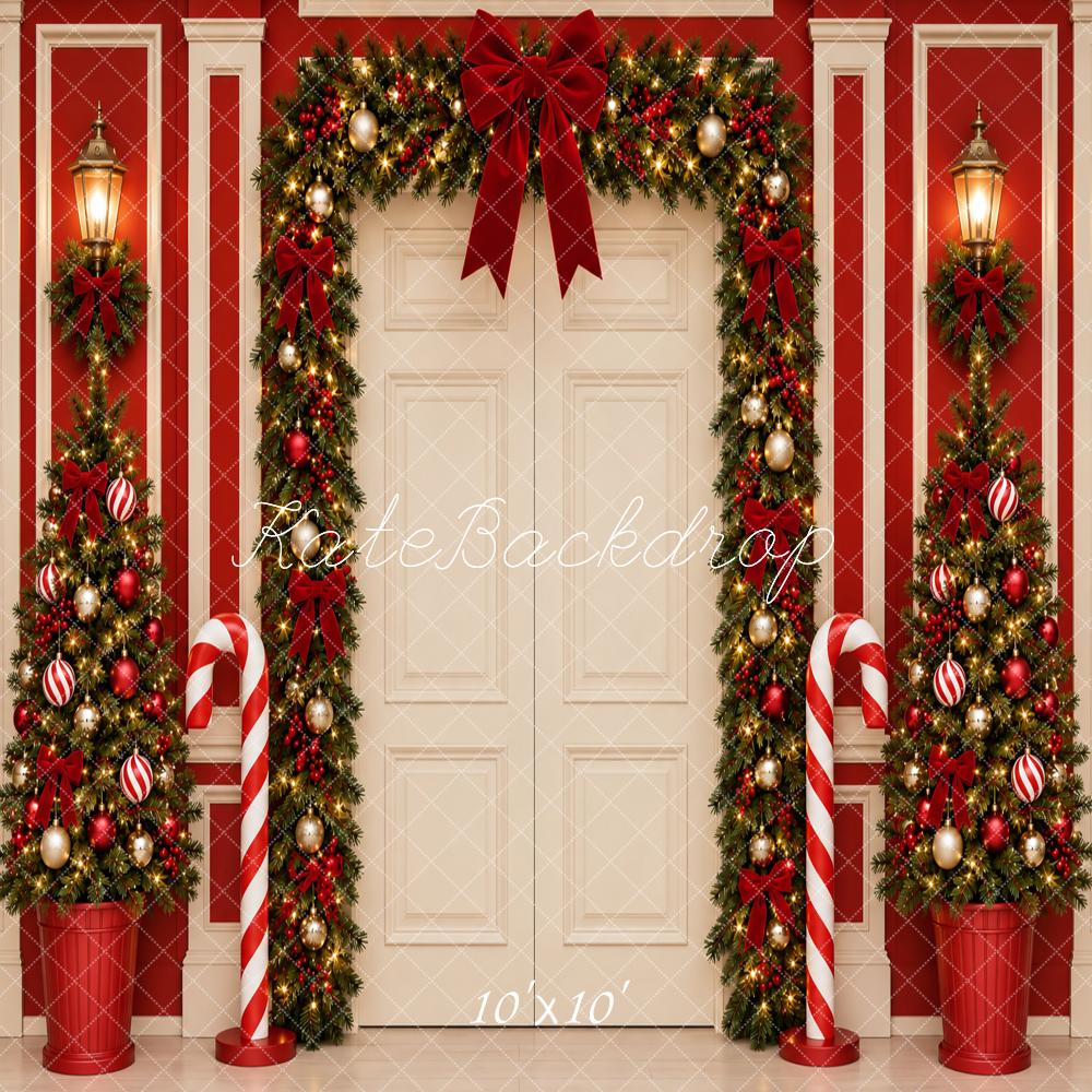 Kate Christmas Door Garland Arch Trees Red Wall Printed Backdrop Designed by Vertigo Productions
