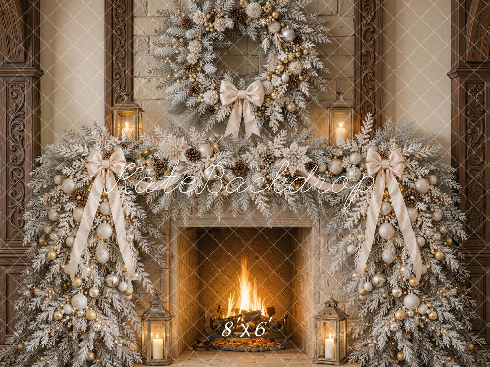 Kate Christmas Fireplace Wreath Garland Lanterns Printed Backdrop Designed by Emetselch
