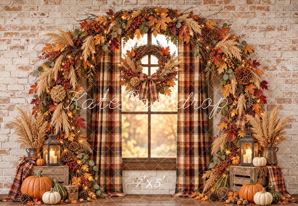Kate Fall Pumpkin Garland Plaid Window Arch Printed Backdrop Designed by Emetselch