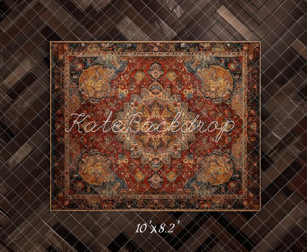 Kate Vintage Rug Wood Herringbone Floor Printed Backdrop Designed by Mandy Ringe Photography