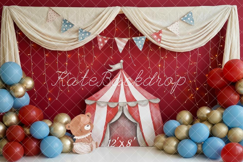 Kate Cake Smash Circus Tent Bear Balloons Red Printed Backdrop Designed by Patty Roberts