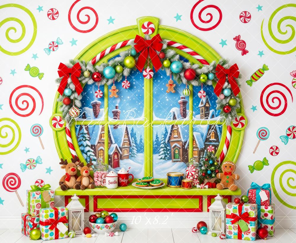 Kate Christmas Whimstical Candy Window Village Printed Backdrop Designed by Patty Roberts