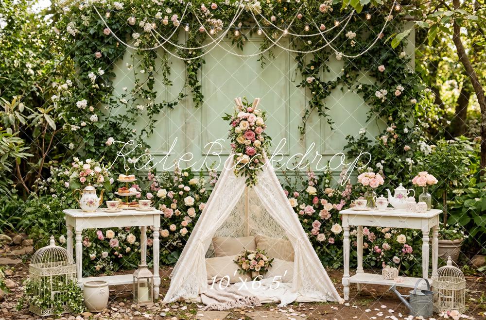 Kate Fairy Garden Flower Arch Tea Party Printed Backdrop Designed by Patty Roberts
