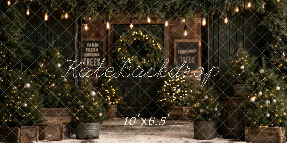 Kate Christmas Trees Farmhouse Evergreen Cabin Lights Printed Backdrop Designed by Emetselch