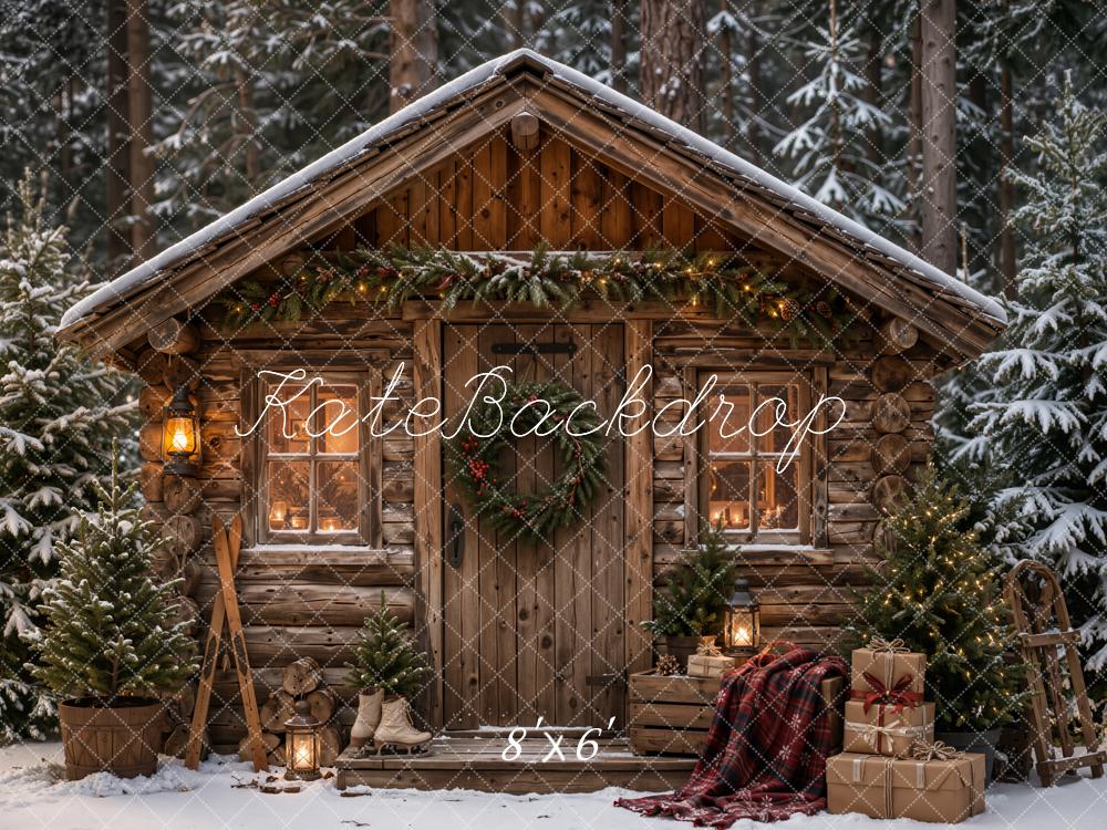 Kate Christmas Rustic Wood Cabin Snowy Plaid Blanket Forest Printed Backdrop Designed by Emetselch
