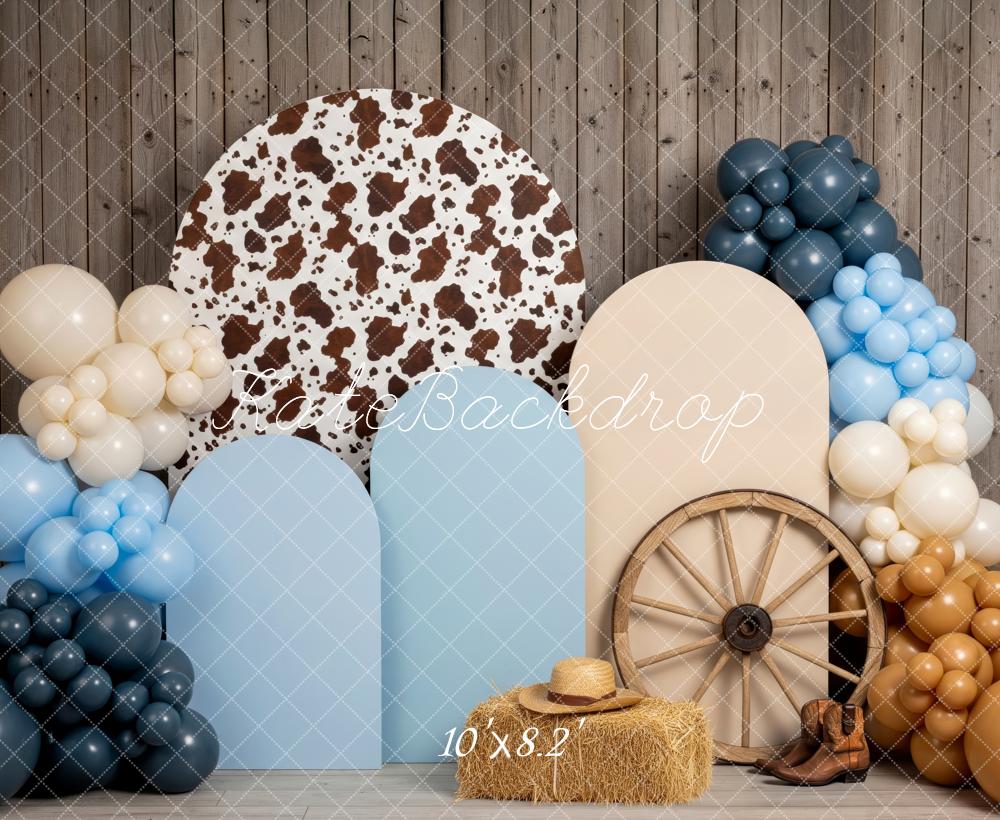 Kate Cake Smash Western Cowboy Balloons Hay Bale Wheel Backdrop Designed by Patty Roberts