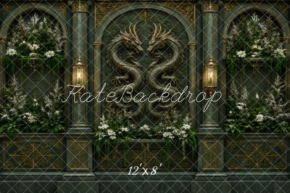 Kate Fantasy Dragon Gothic Arch Dark Green Wall Printed Backdrop Designed by Vertigo Productions