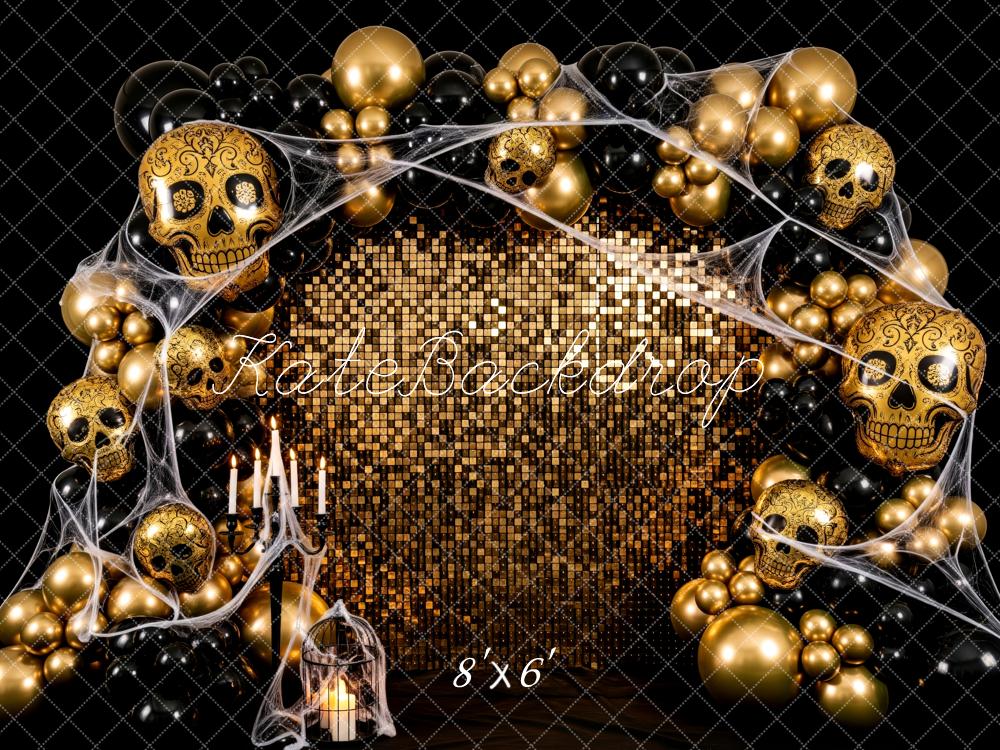 Kate Halloween Gold Skull Balloon Arch Sequin Wall Backdrop Designed by Patty Roberts