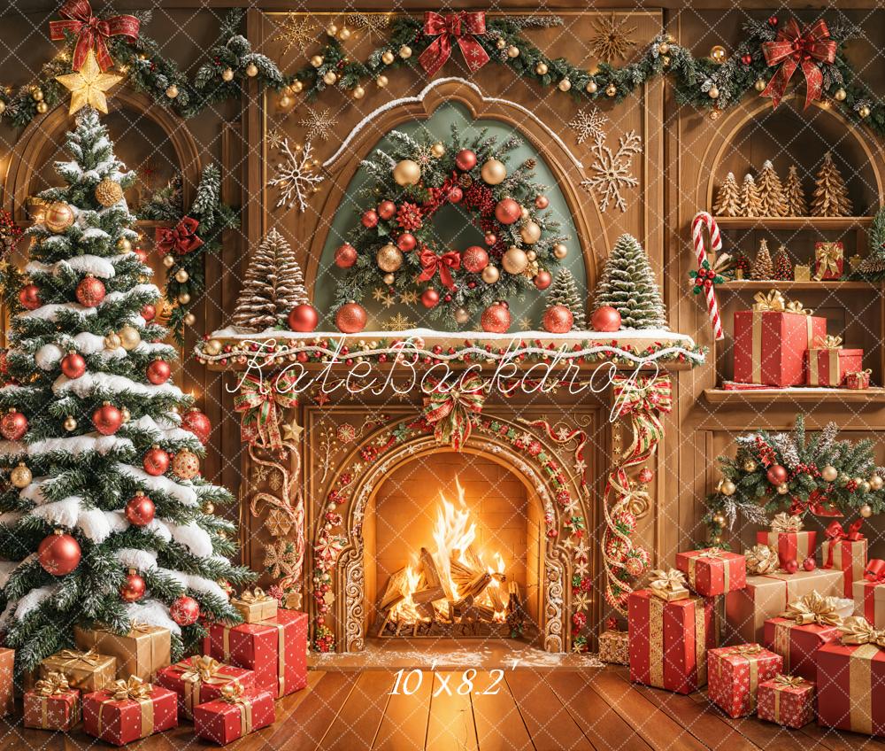 Kate Christmas Fireplace Gingerbread Tree Garland Presents Backdrop Designed by Emetselch