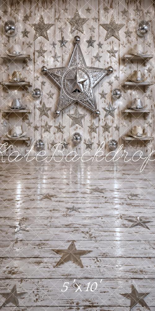 Kate Sweep Silver Star Wall with Silver Ornaments and Shelves Printed Backdrop Designed by Vertigo Productions