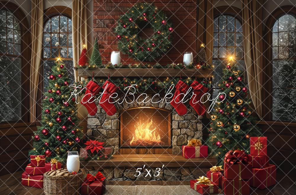 Kate Christmas Fireplace Stone Tree Gifts Backdrop Designed by Mini MakeBelieve