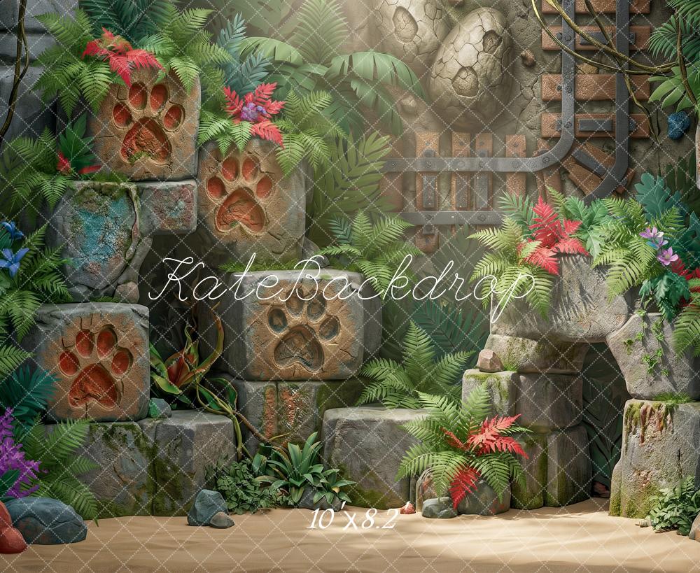 Kate Adventure Jungle Ruins Paw Print Stones Ferns Printed Backdrop Designed by Angela Miller