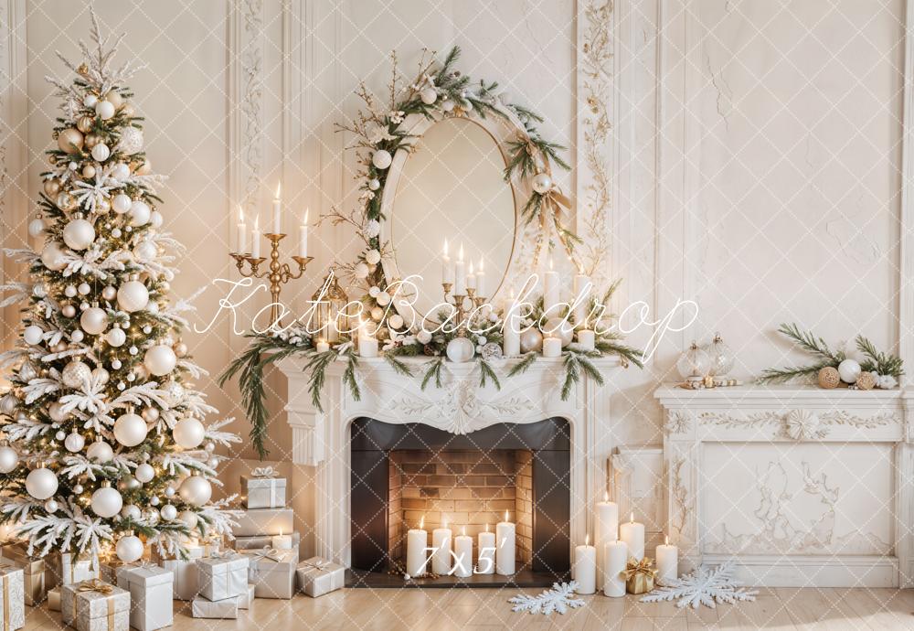 Elegant Neutral Christmas Fireplace Backdrop - Main Image