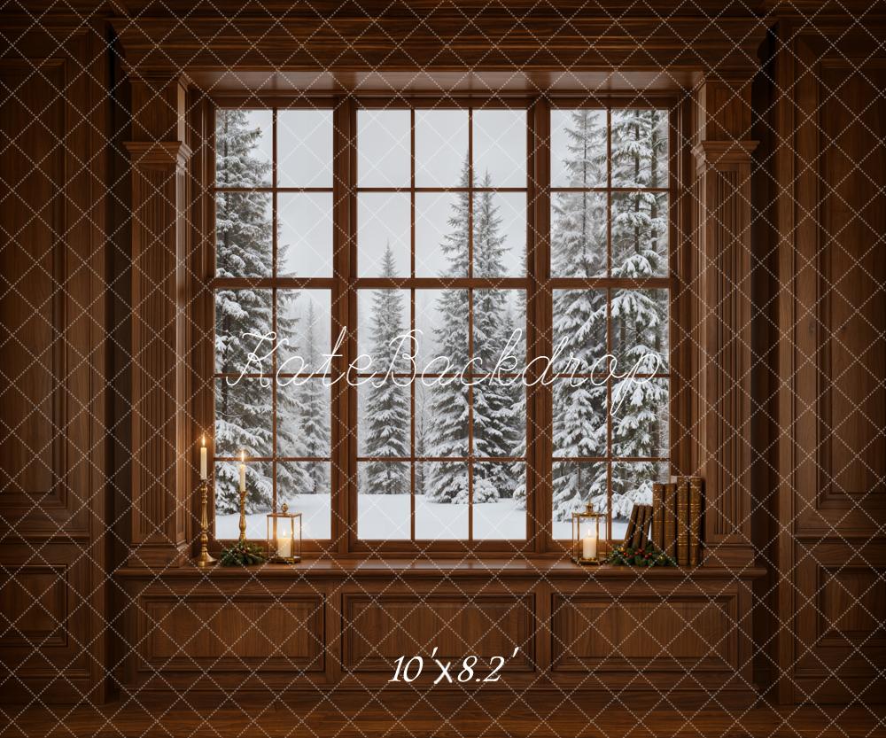 Kate Winter Window Snowy Pine Trees Vintage Wall Printed Backdrop Designed by Emetselch