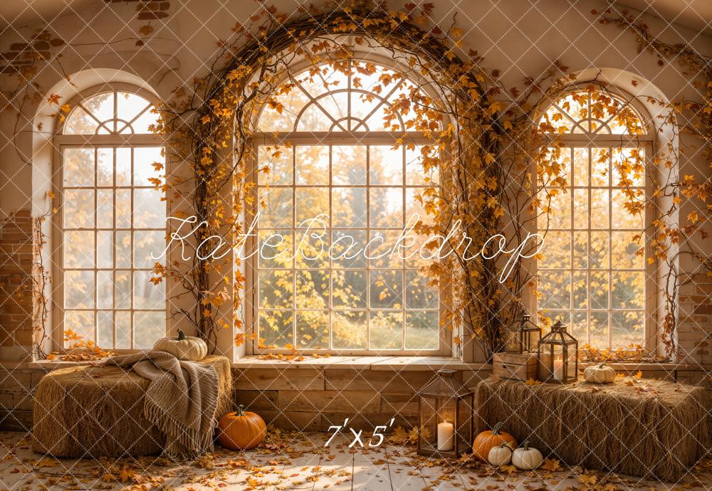 Kate Fall Retro Arched Window Pumpkins Fallen Leaves Printed Backdrop Designed by Emetselch