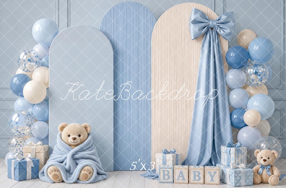 Kate Cake Smash Blue Teddy Bear Balloon Arch Bow Printed Backdrop Designed by Emetselch