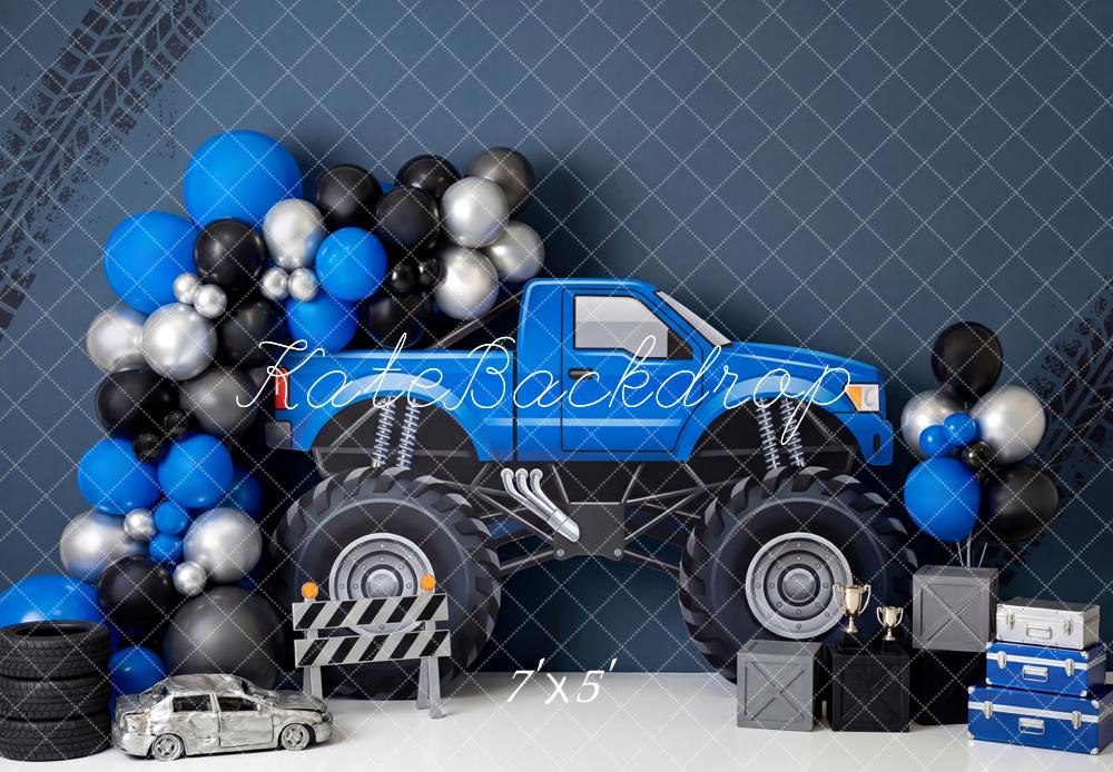 Kate Cake Smash Truck Blue Balloons Tire Tracks Printed Backdrop Designed by Patty Roberts
