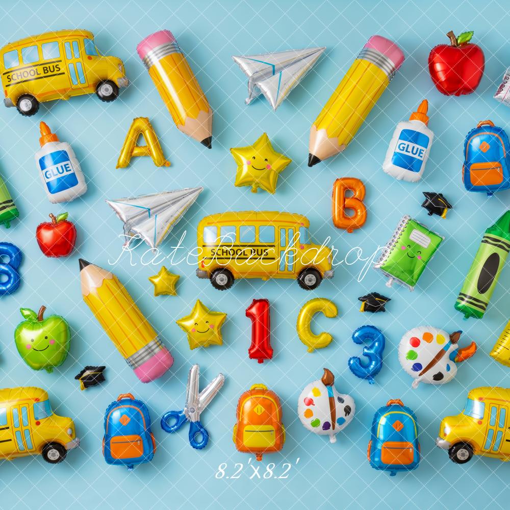 Kate Back to School Balloons School Bus Pencils Apples Blue Printed Backdrop Designed by Patty Roberts