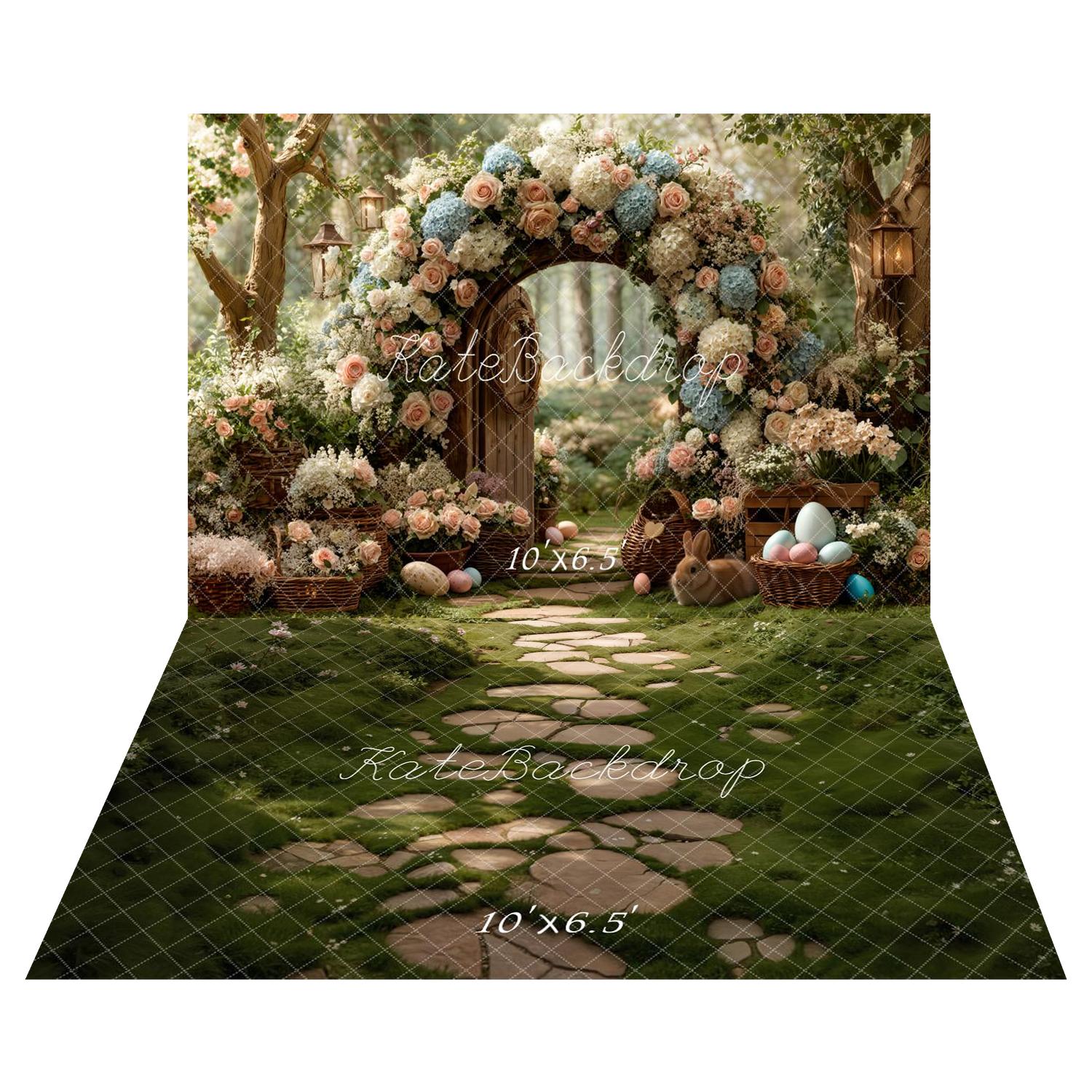 Kate Easter Bunny Flower Arch Pastel Eggs Forest Printed Backdrop+Stone Pathway Mossy Green Garden Floor Printed Backdrop