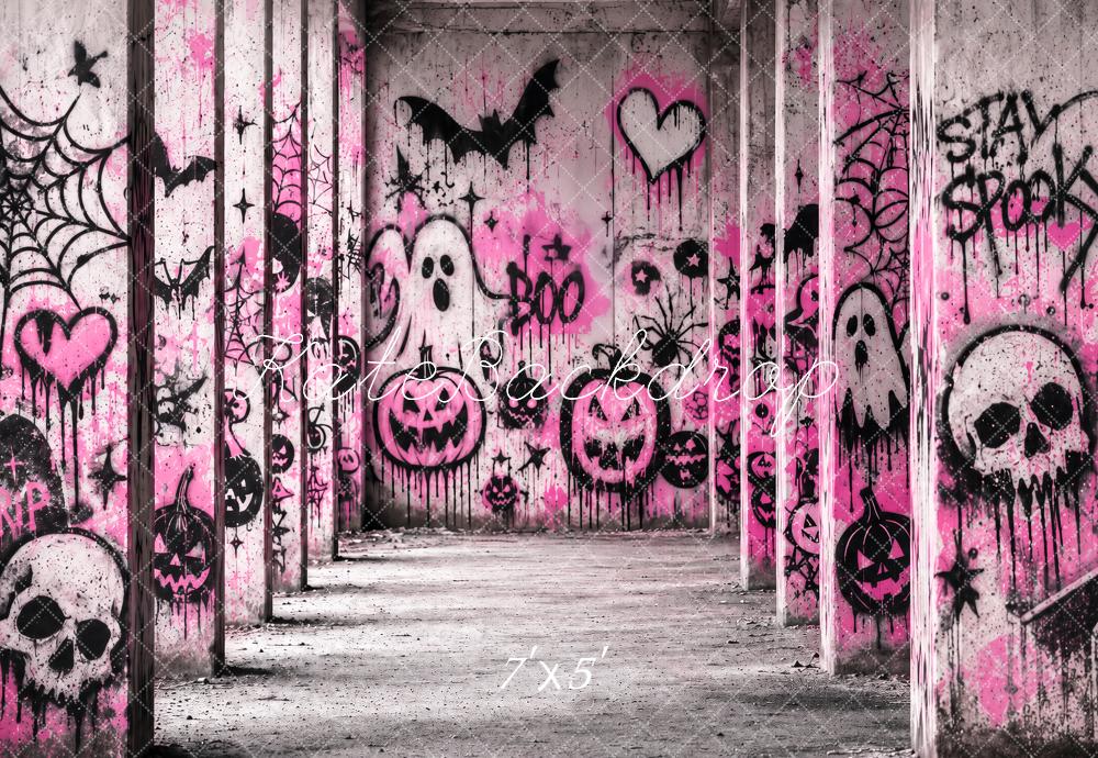Kate Halloween Pink Graffiti Haunted Hallway Printed Backdrop Designed by Ashley Paul