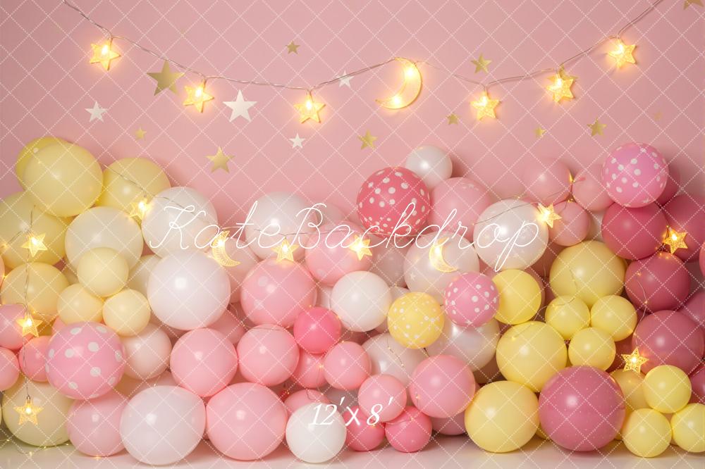 Kate Cake Smash Pink Balloon Wall With Star String Lights Printed Backdrop Designed by Emetselch