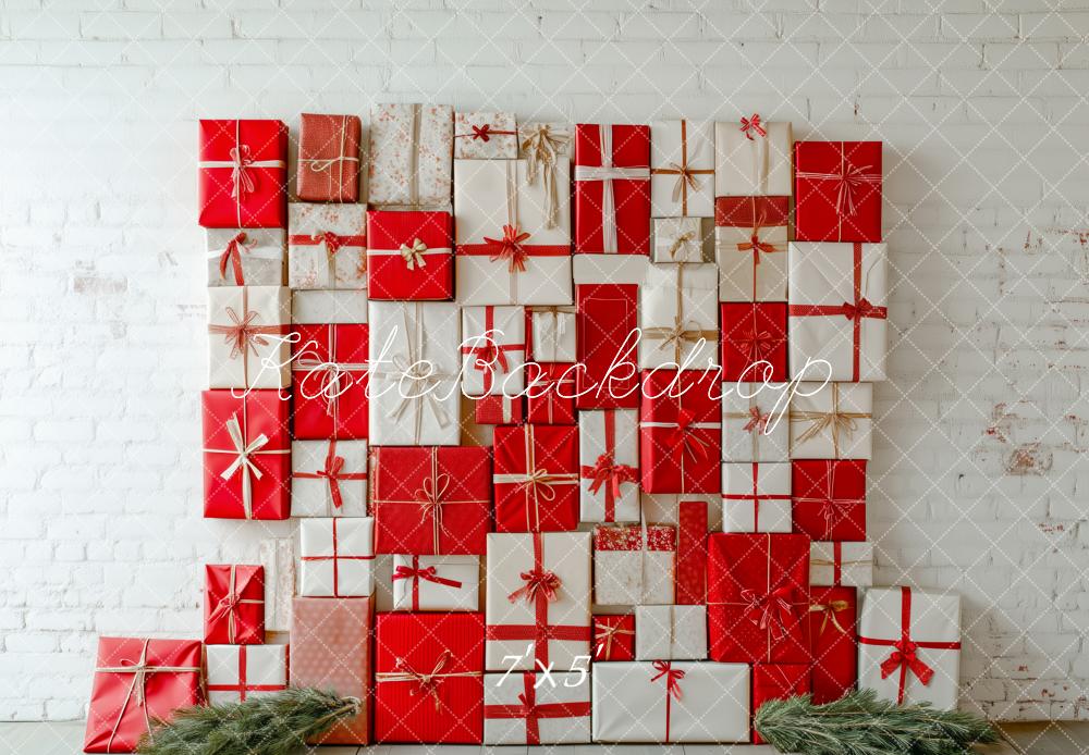 Kate Christmas Vintage Red White Gift Boxes Wall Backdrop Designed by Patty Roberts