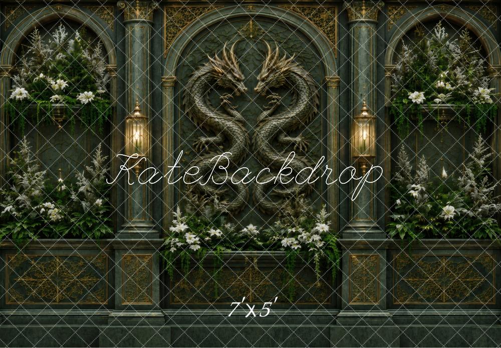Kate Fantasy Dragon Gothic Arch Dark Green Wall Printed Backdrop Designed by Vertigo Productions