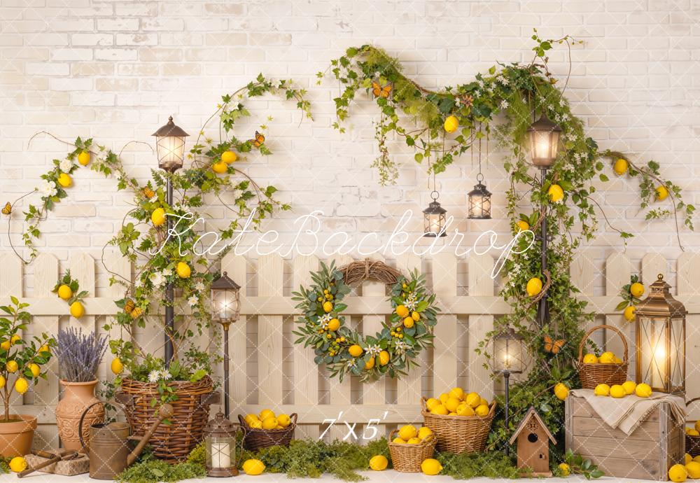 Kate Summer Lemon Vine Lantern Basket Rustic Fence Printed Backdrop Designed by Emetselch
