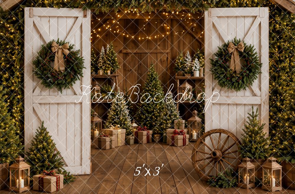 Kate Christmas White Barn Doors Wreaths Trees Rustic Lanterns Printed Backdrop Designed by Emetselch