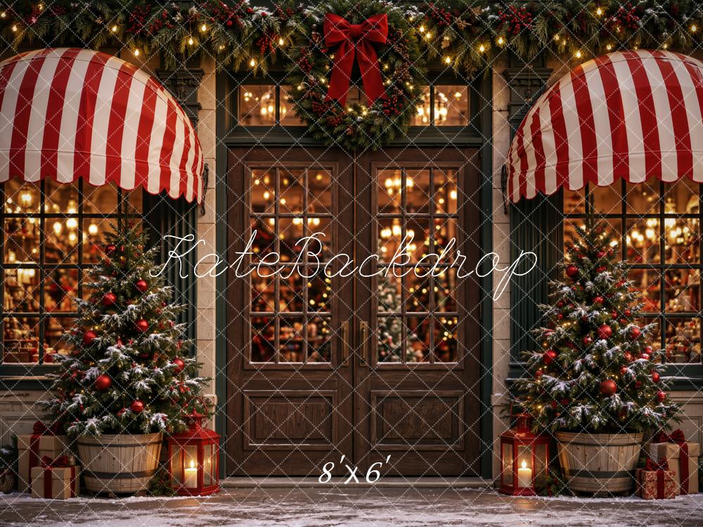 Kate Christmas Storefront Door With Striped Awnings Printed Backdrop Designed by Emetselch