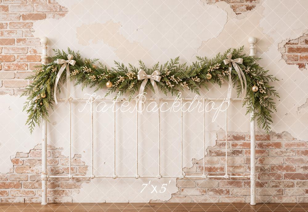 Kate Christmas Vintage Brick Wall Garland Headboard Printed Backdrop Designed by Emetselch