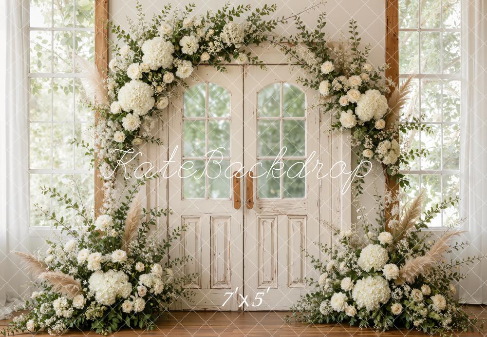 Kate Spring White Flower Arch Double Glass-paneled Doors Printed Backdrop Designed by Emetselch