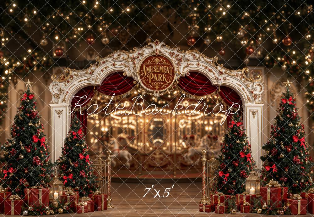 Kate Christmas Amusement Park Arch Christmas Trees Printed Backdrop Designed by Emetselch