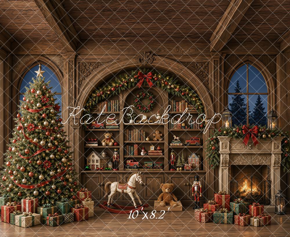 Kate Christmas Tree Toys Room Vintage Wood Wall Fireplace Gifts Printed Backdrop Designed by Emetselch