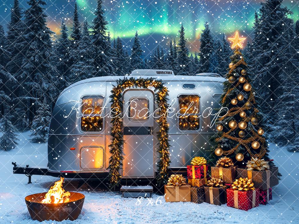 Kate Christmas Camper Tree Aurora Gifts Snow Forest Backdrop Designed by Mini MakeBelieve