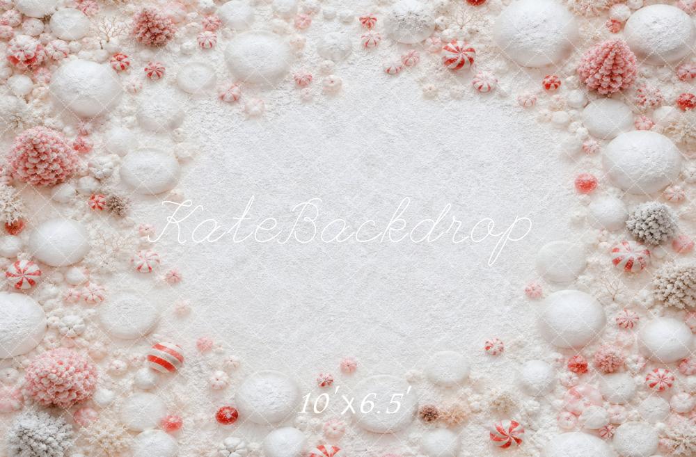 Kate Christmas Newborn White Peppermint Snowball Border Floor Printed Backdrop Designed by Vertigo Productions