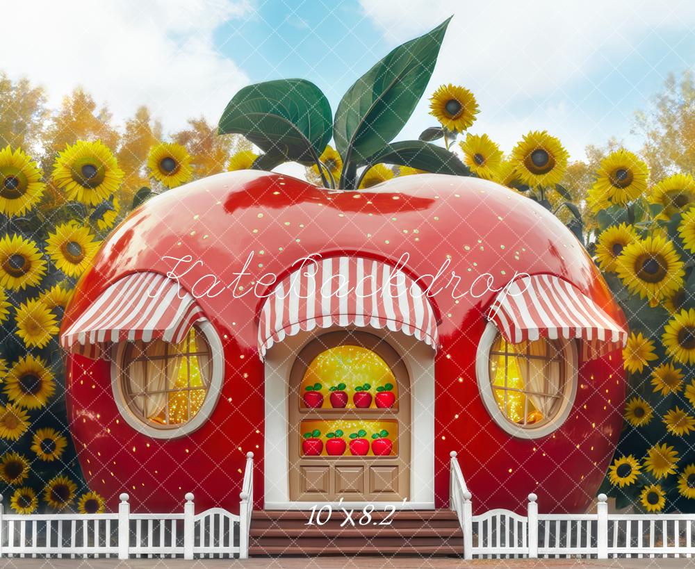 Fondo de girasoles de casa de manzana de otoño diseñado por Mini MakeBelieve