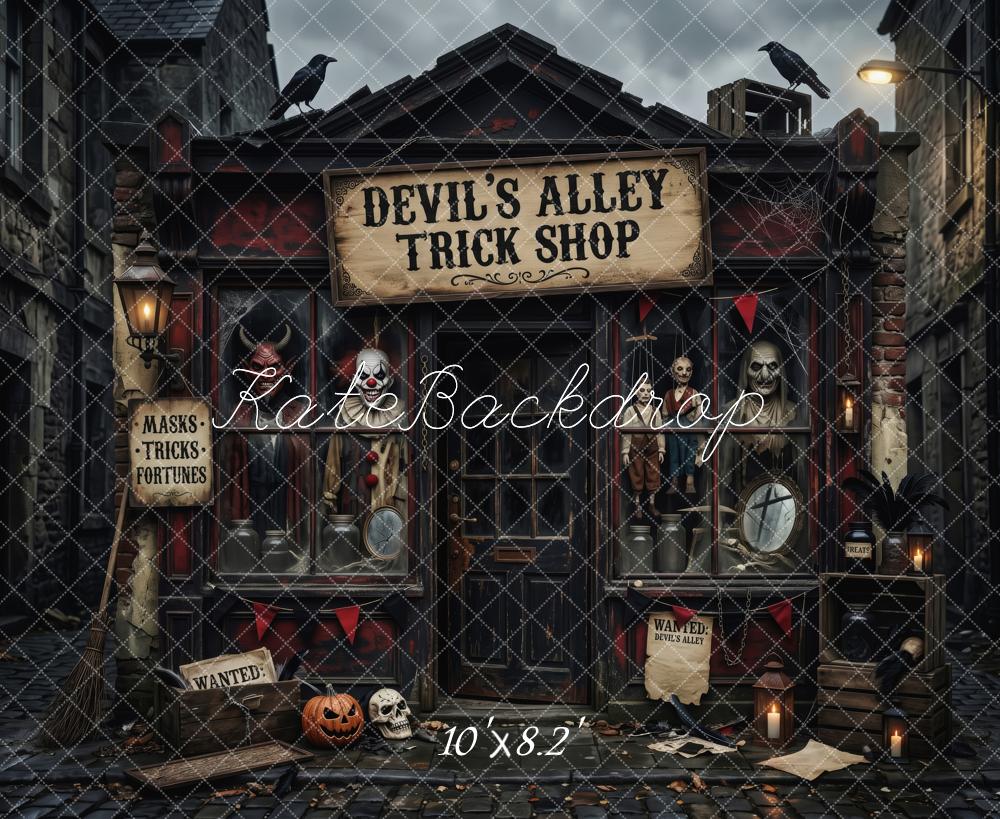 Kate Halloween Haunted Trick Shop Alley Dark Black Printed Backdrop Designed by Patty Roberts