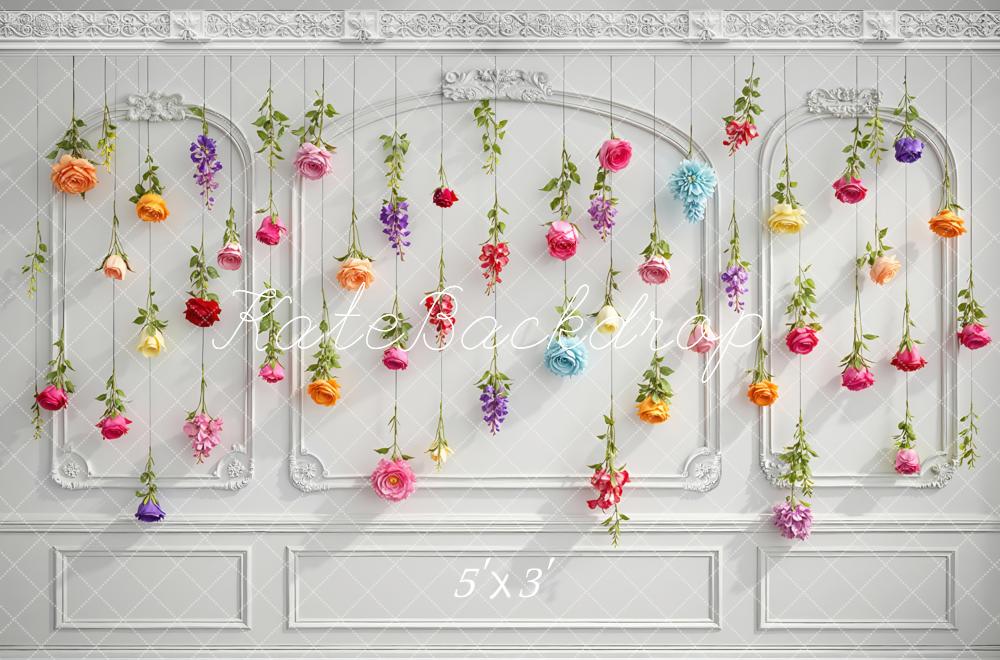 Kate Spring Hanging Flowers White Retro Wall Backdrop Designed by Mini MakeBelieve
