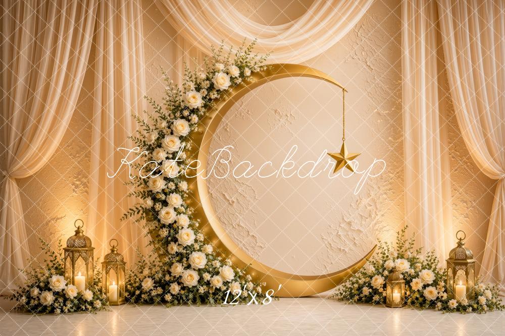 Kate Ramadan Muslim Gold Crescent Floral Arch Drapes Lanterns Printed Backdrop Designed by Ashley Ward